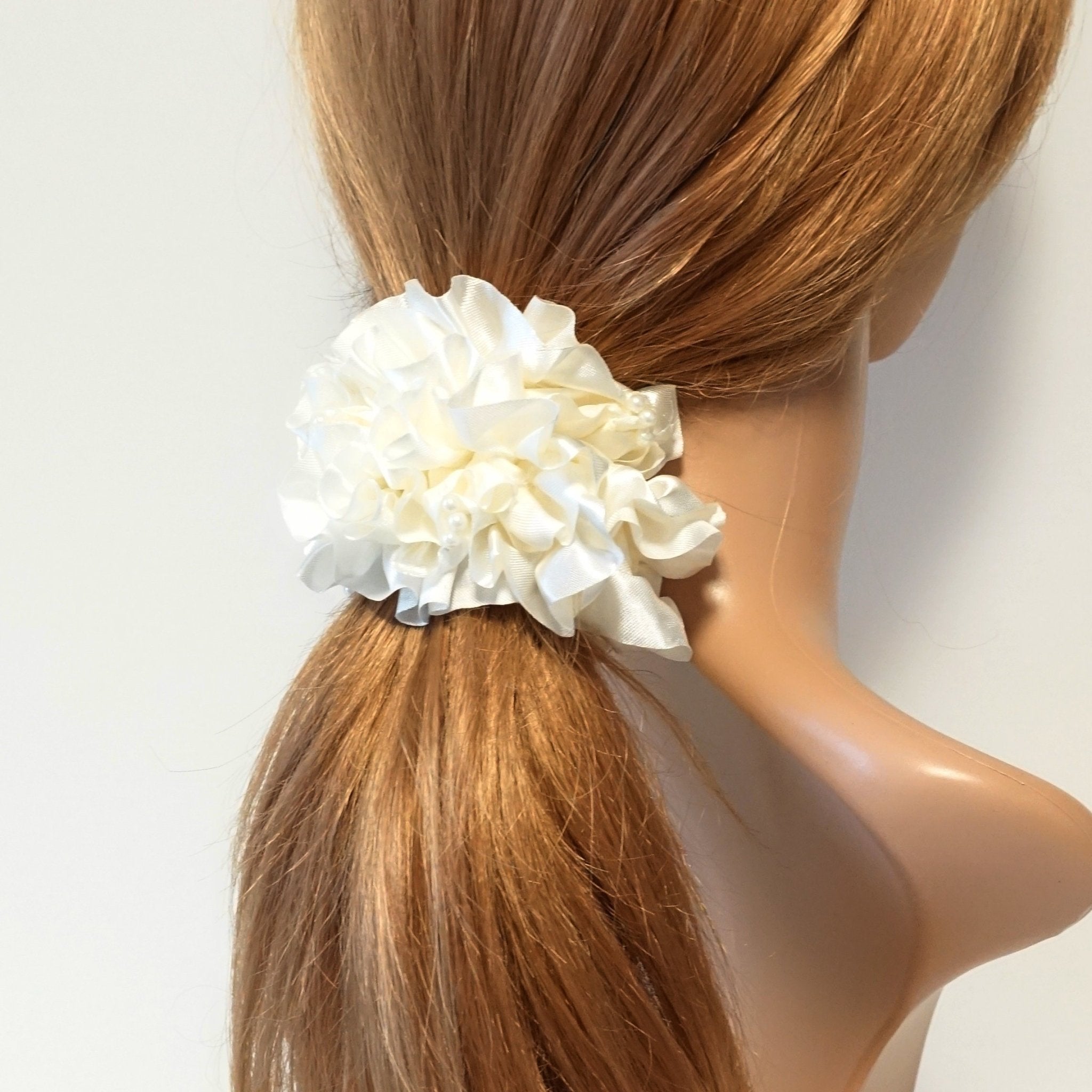 VeryShine scrunchies/hair holder White satin fabric ruffle wave scrunchies elastic hair tie ponytail holder scrunchie