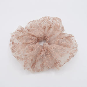 VeryShine Scrunchies Peach pink organza oversized scrunchies flower embroidered hair scrunchy for women