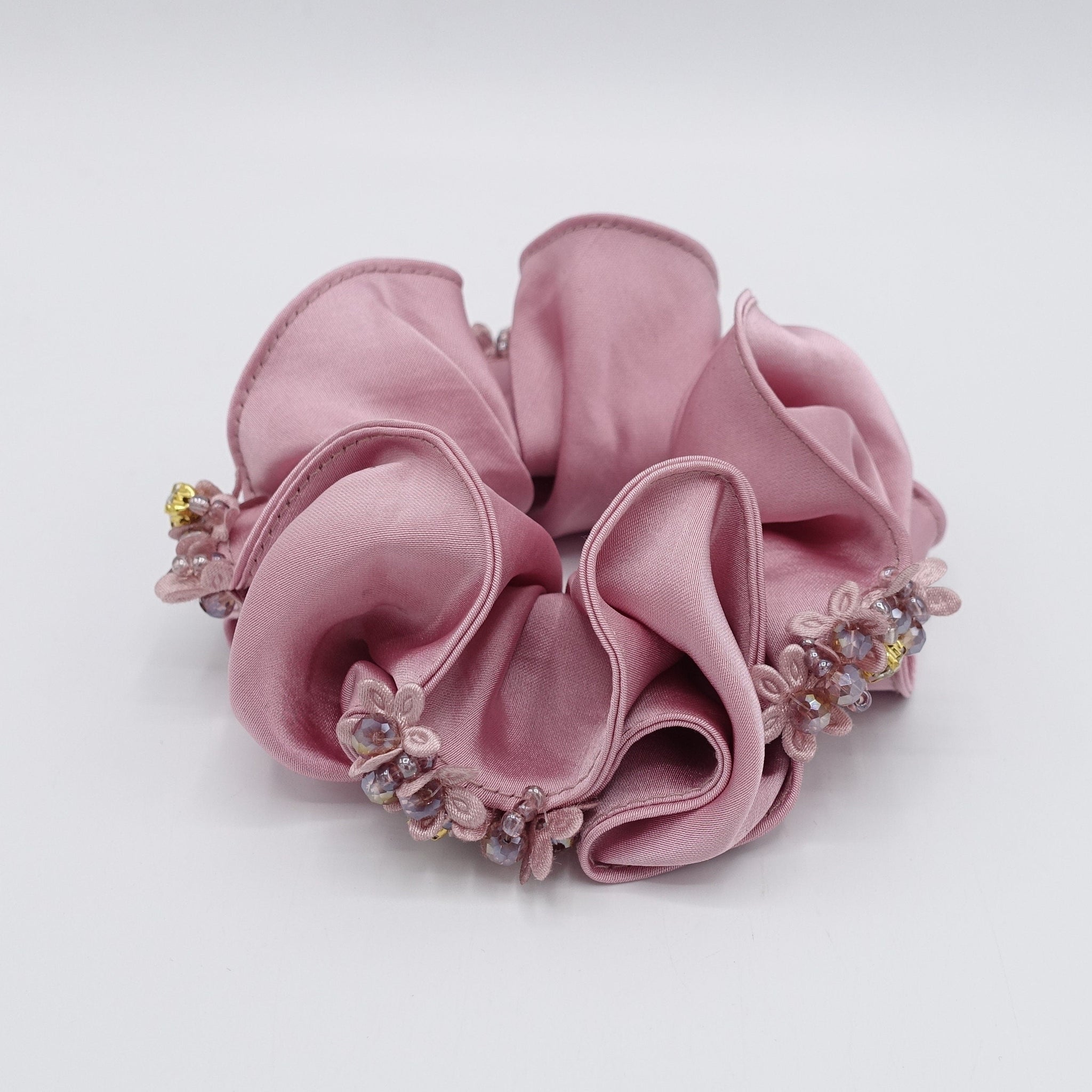 VeryShine Scrunchies Pink satin scrunchies rhinestone beads embellished scrunchie