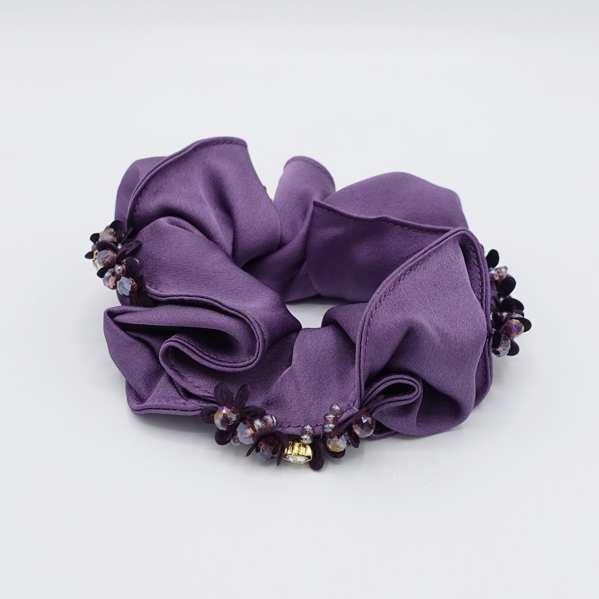 VeryShine Scrunchies Purple satin scrunchies rhinestone beads embellished scrunchie