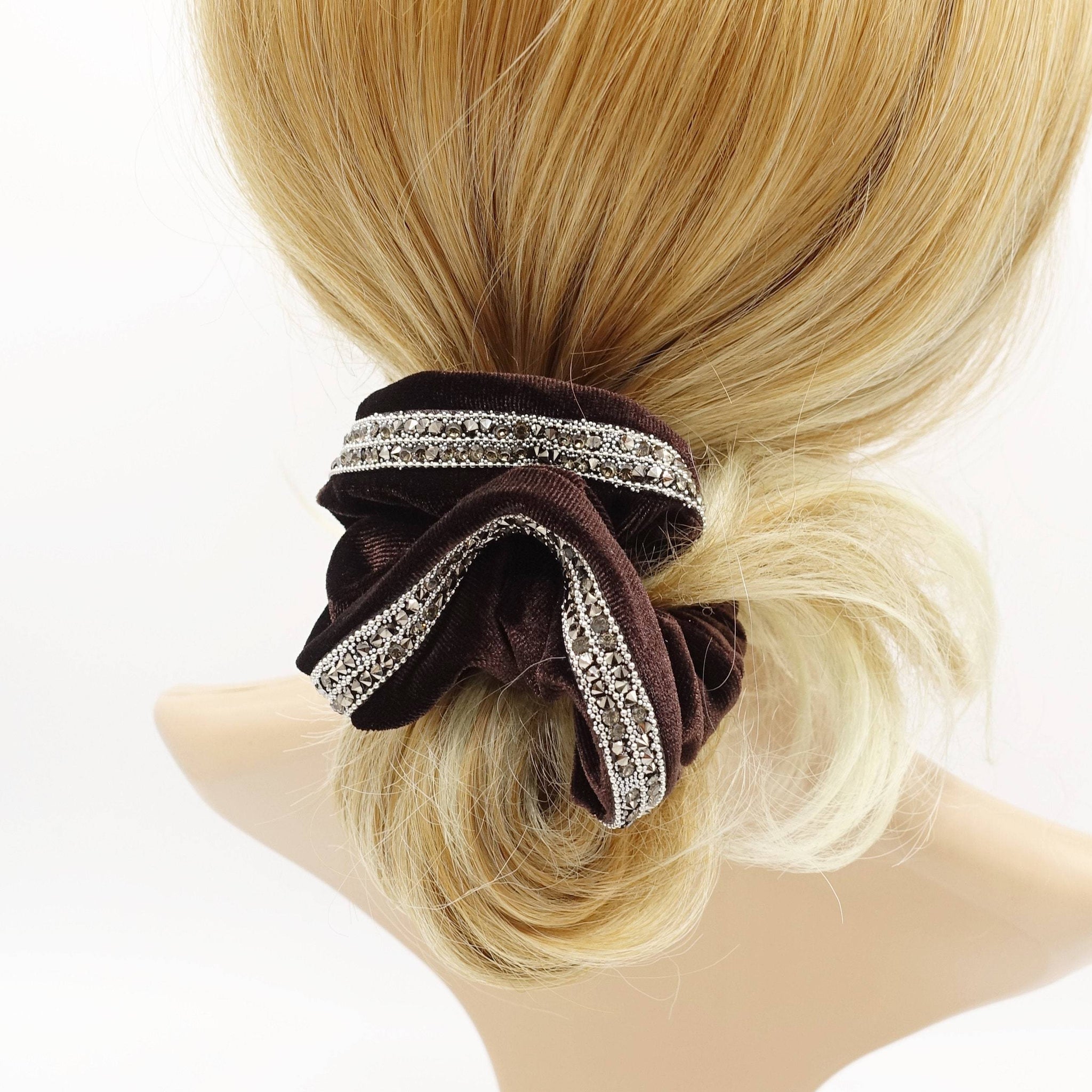 VeryShine velvet scrunchies bling rhinestone embellished hair elastics for women