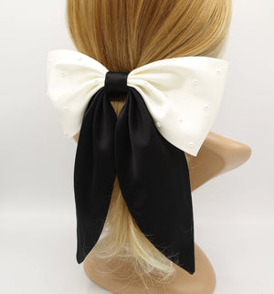 veryshine3 claw/banana/barrette Black &  Cream white pearl embellished satin hair bow big size large hair bow for women