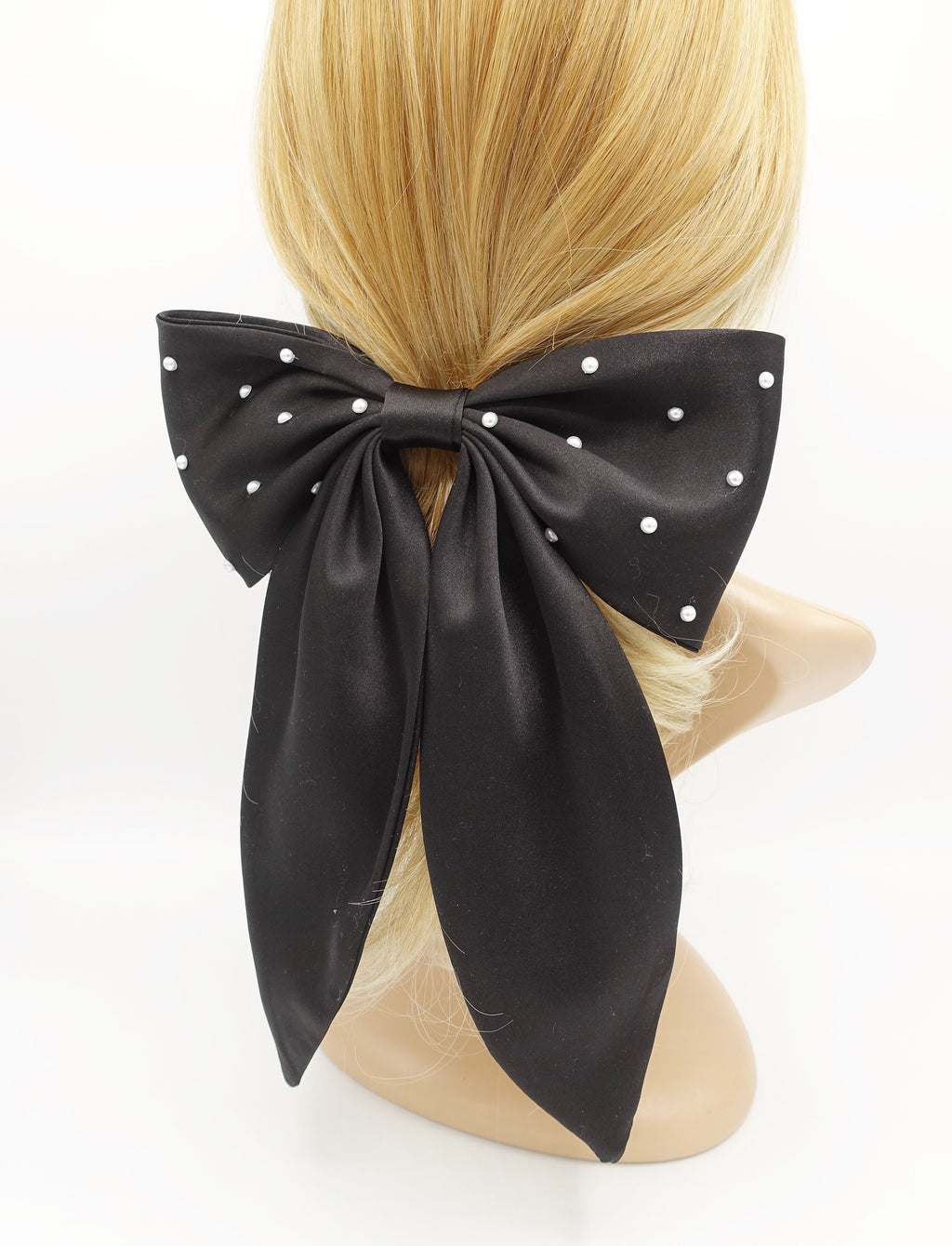 veryshine3 claw/banana/barrette Black pearl embellished satin hair bow big size large hair bow for women