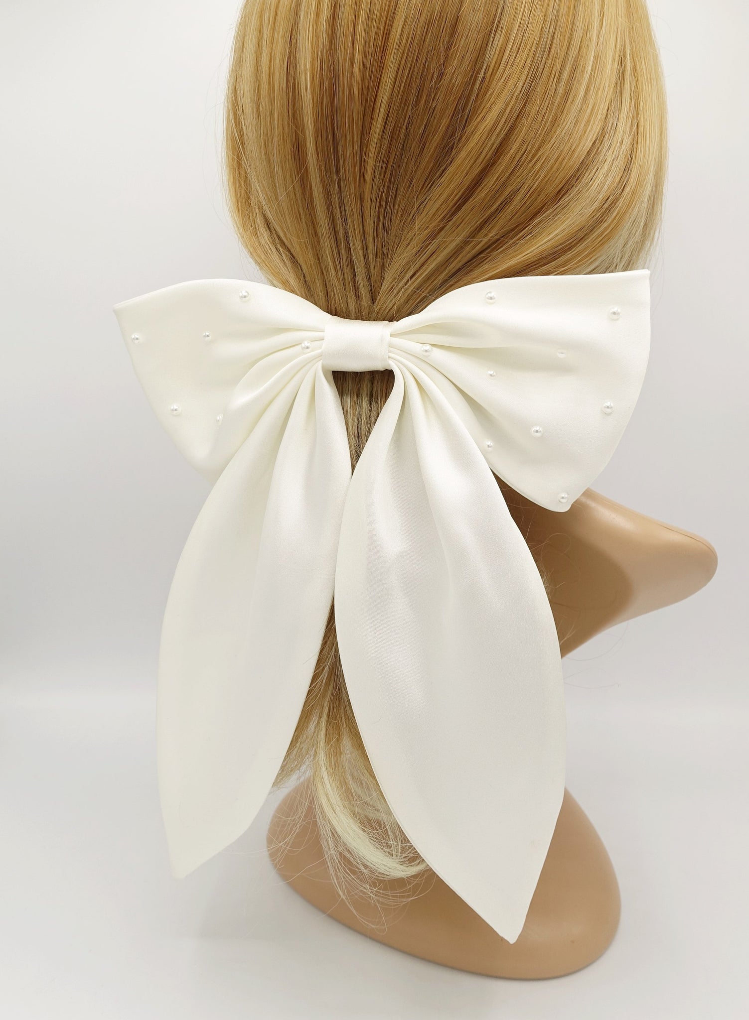 veryshine3 claw/banana/barrette Cream white pearl embellished satin hair bow big size large hair bow for women